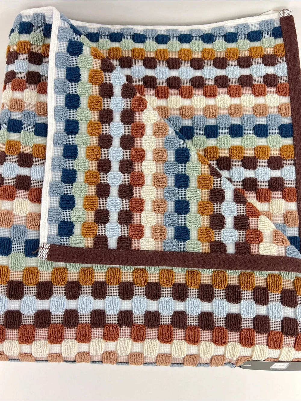 Soho Living Bath Towels Brown Blue Green Dotted Stripe 100% Cotton 2 Pc NEW